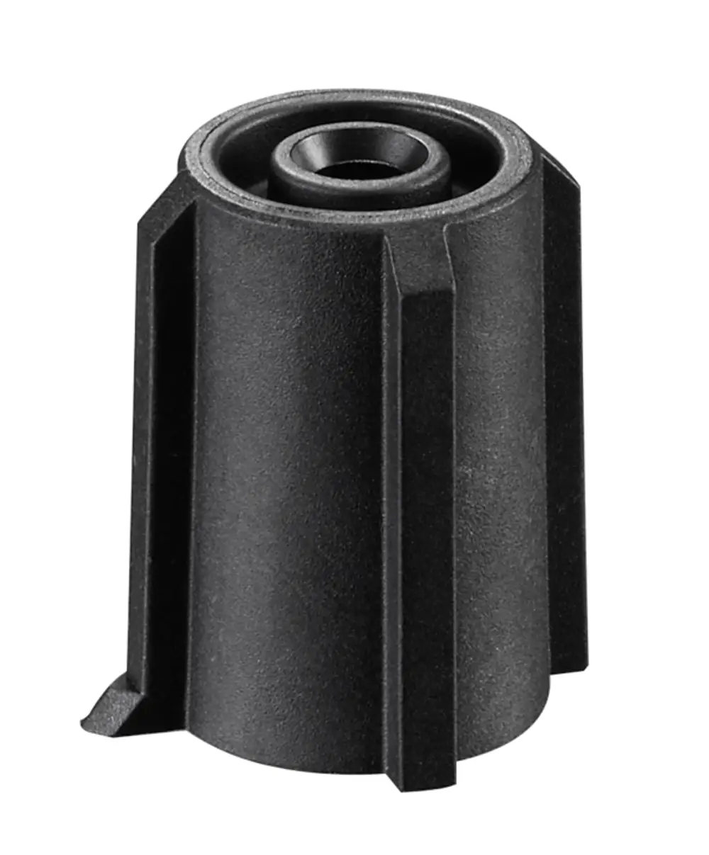 Schwarzer Adapter von Oventrop für Stellmotoren, geeignet für Modelle bis Baujahr 2015. Der Adapter hat eine zylindrische Form und vertikale Rillen.